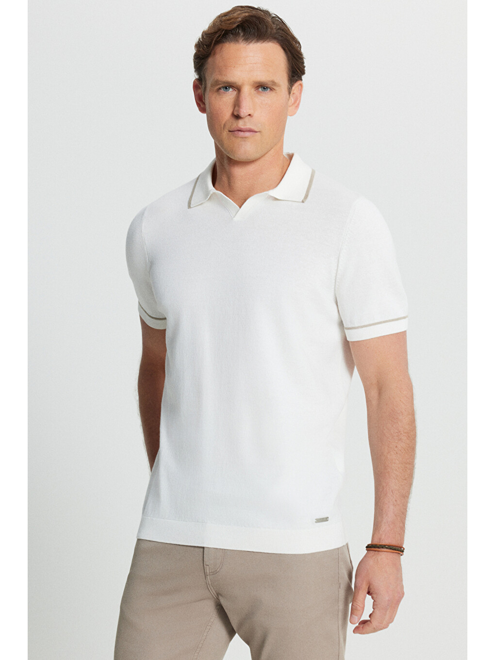 Erkek Ekru %100 Pamuk Standart Fit Normal Kesim Polo Yaka Triko Tişört-2