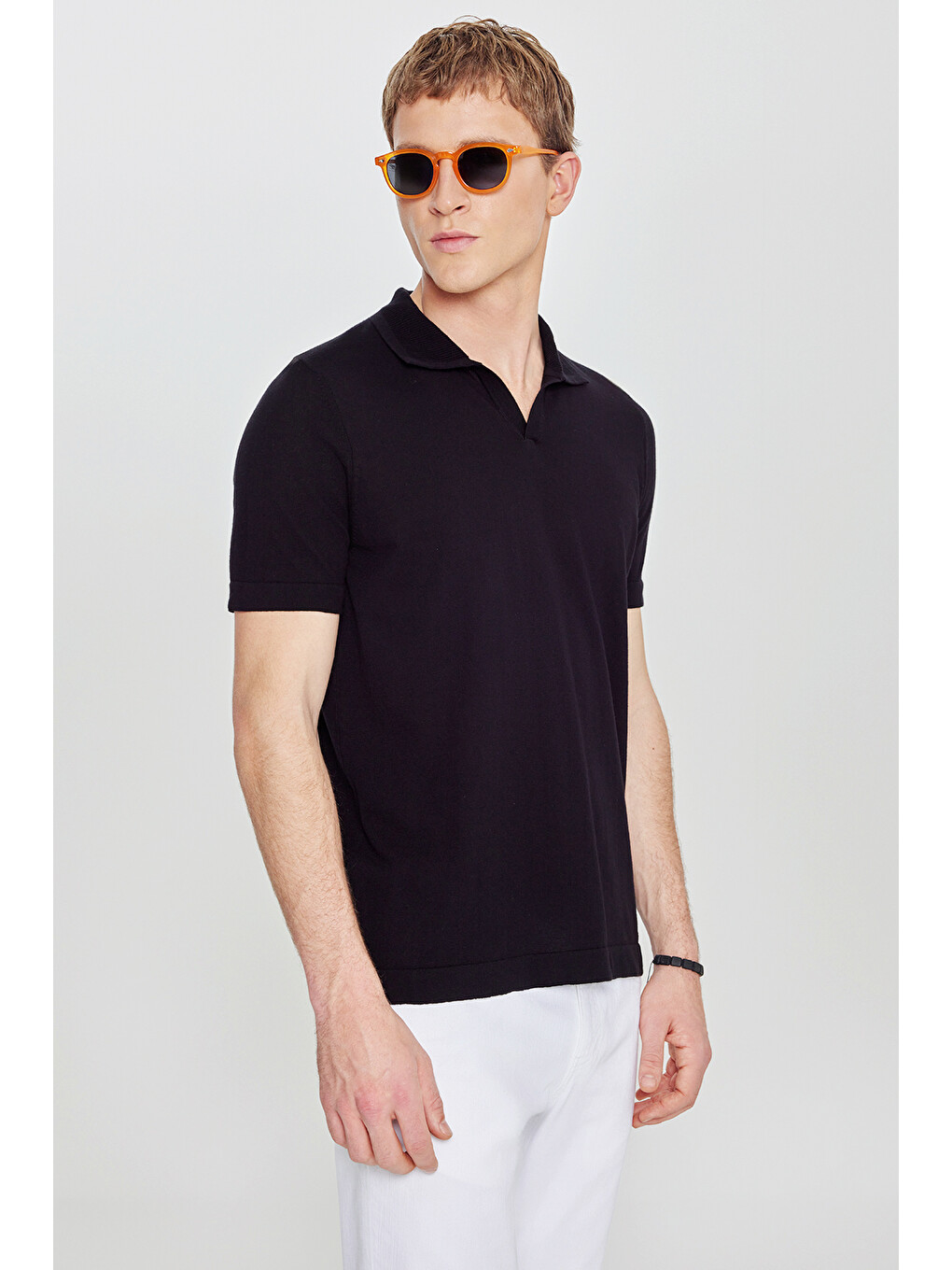 Erkek Siyah %100 Pamuk Standart Fit Normal Kesim Polo Yaka Triko Tişört-2