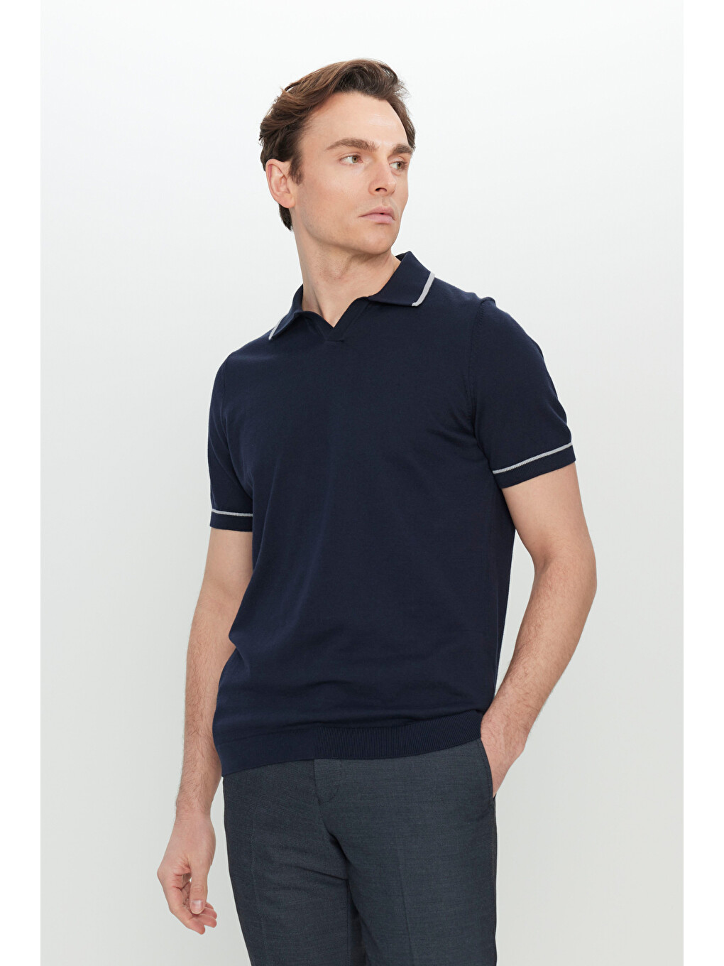 Erkek Lacivert %100 Pamuk Standart Fit Normal Kesim Polo Yaka Triko Tişört-2