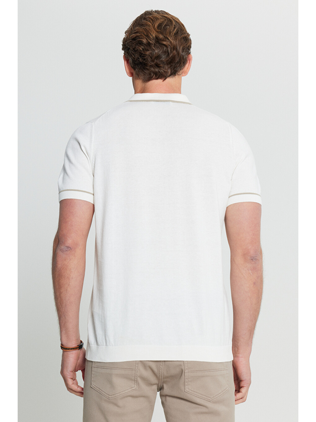 Erkek Ekru %100 Pamuk Standart Fit Normal Kesim Polo Yaka Triko Tişört-4