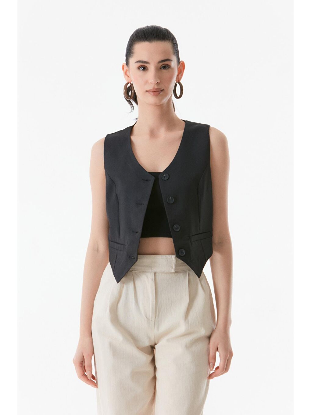 Siyah Basic Kruvaze Yaka Cep Detaylı Yelek-2