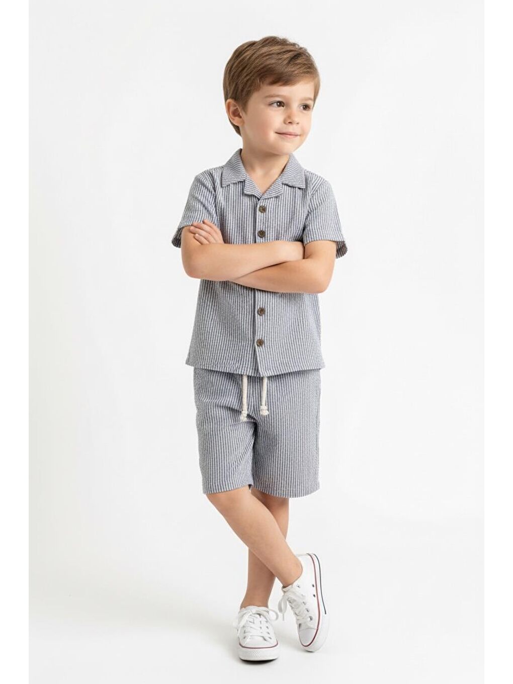 İndigo Bürümcük Gömlek Şort 2li Takım-4