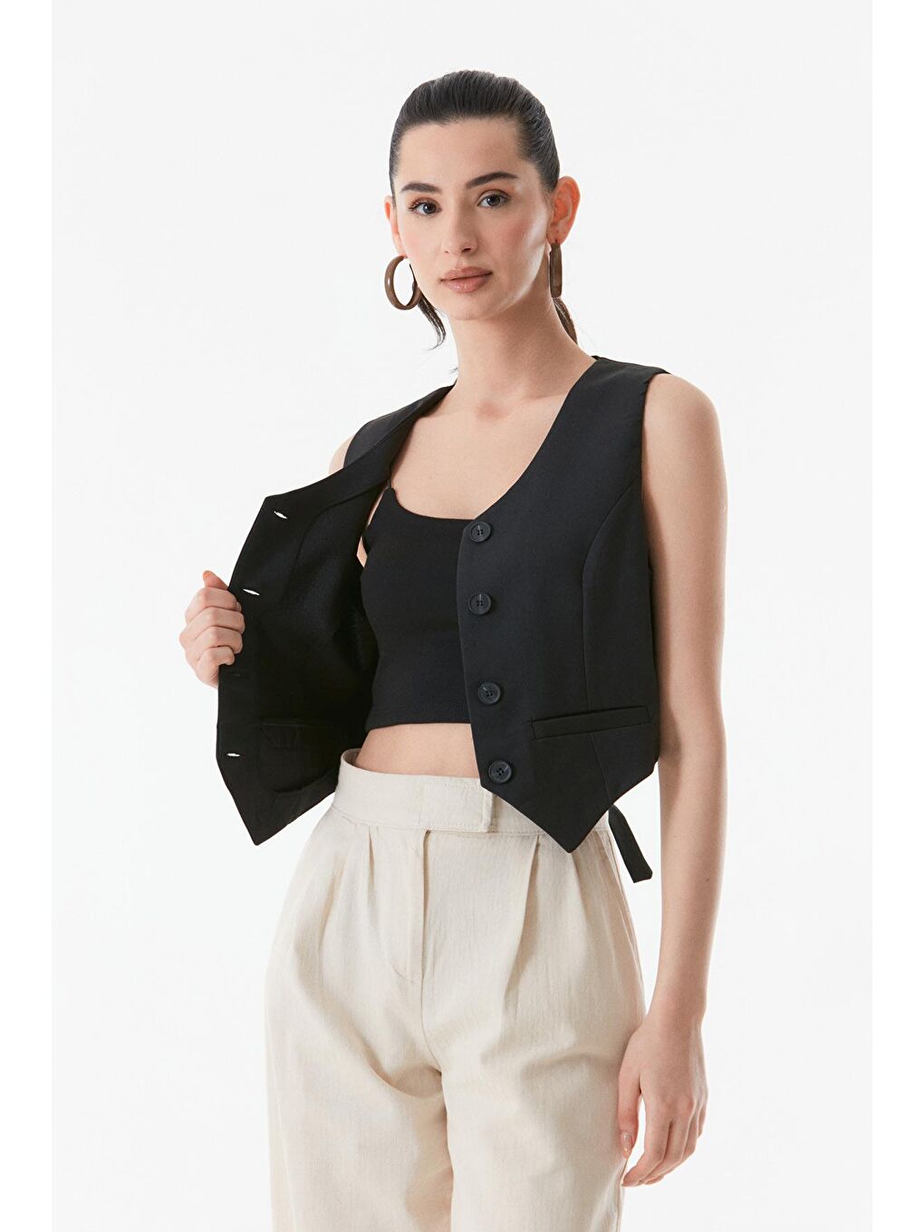 Siyah Basic Kruvaze Yaka Cep Detaylı Yelek-3