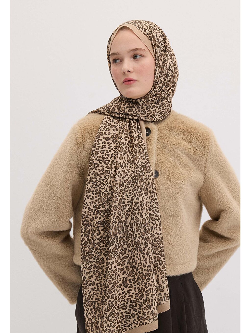Bej Tıny Leopar Desen Şal Kum-1