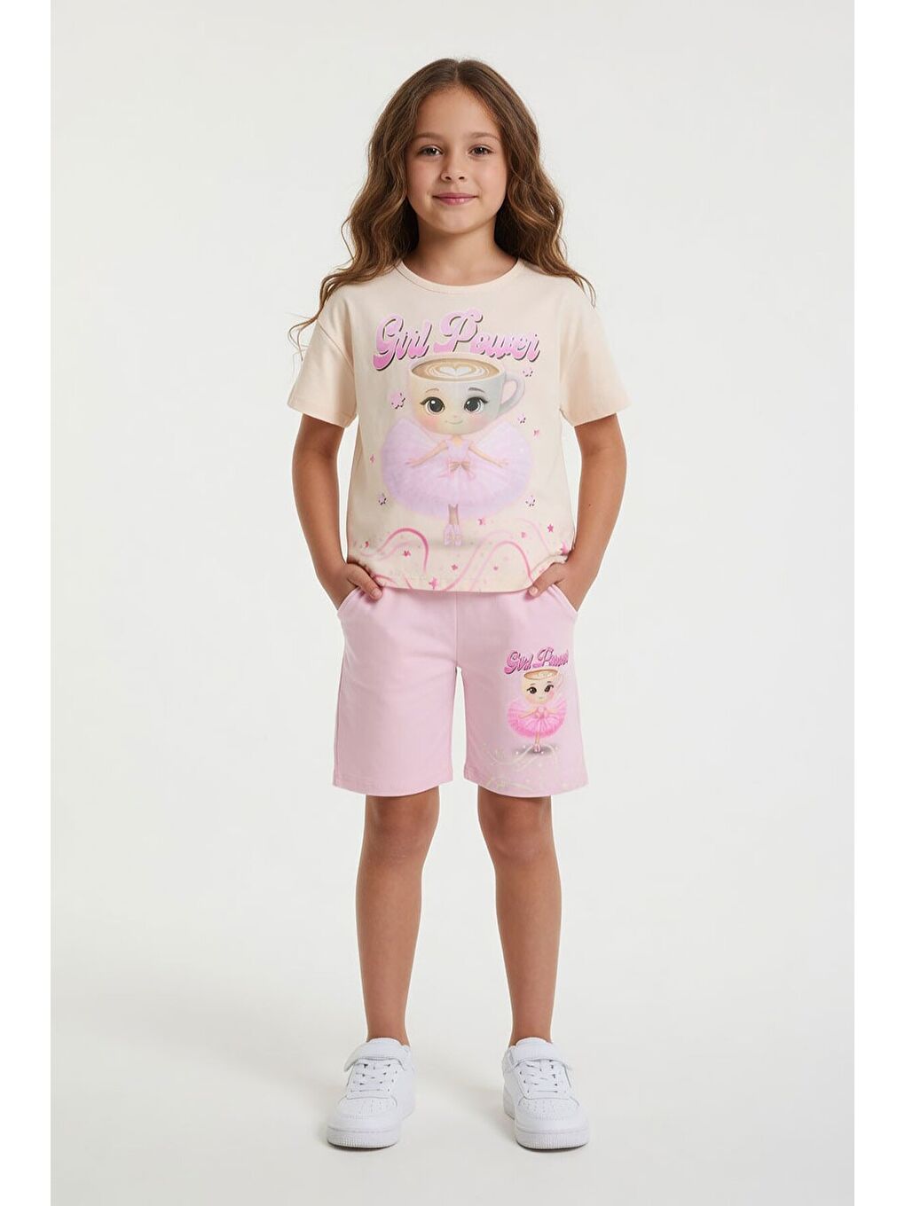 Pembe Pudra Balerin Desenli Tişörtlü Kız Çocuk Şortlu 2li Takım 23881