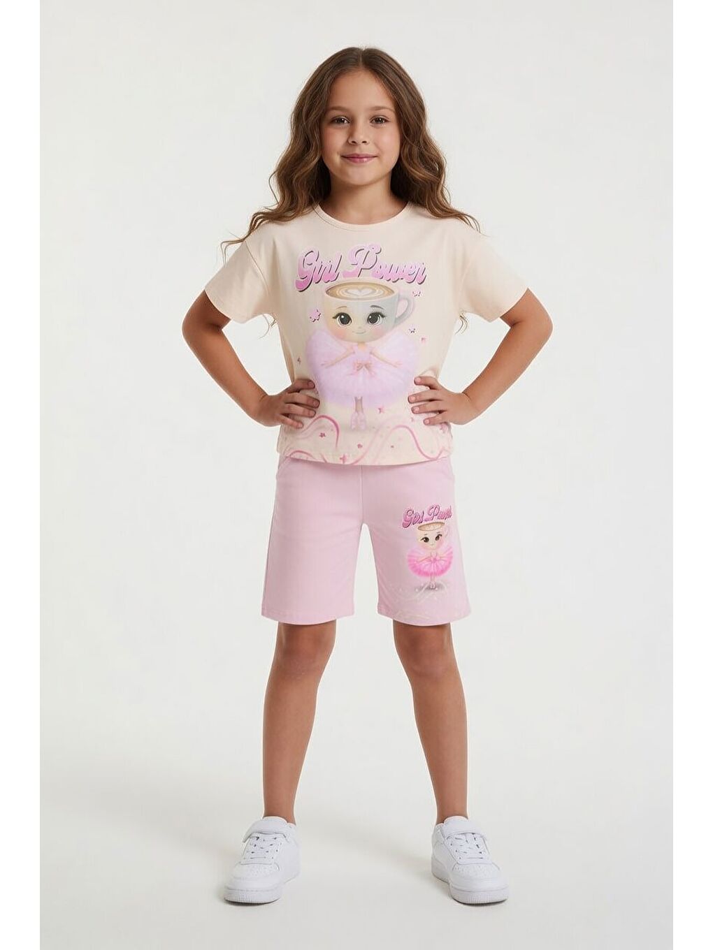 Pembe Pudra Balerin Desenli Tişörtlü Kız Çocuk Şortlu 2li Takım 23881-1