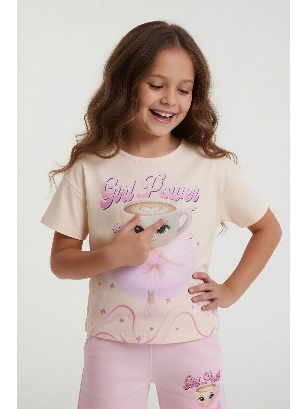 Pembe Pudra Balerin Desenli Tişörtlü Kız Çocuk Şortlu 2li Takım 23881-2