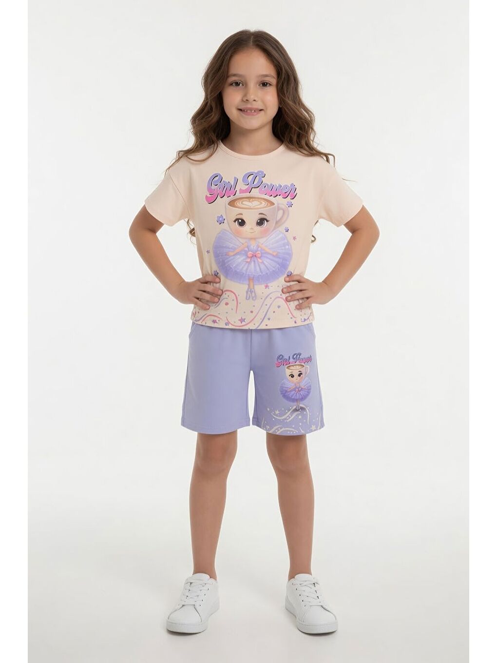 Lila Balerin Desenli Tişörtlü Kız Çocuk Şortlu 2li Takım 23879-1