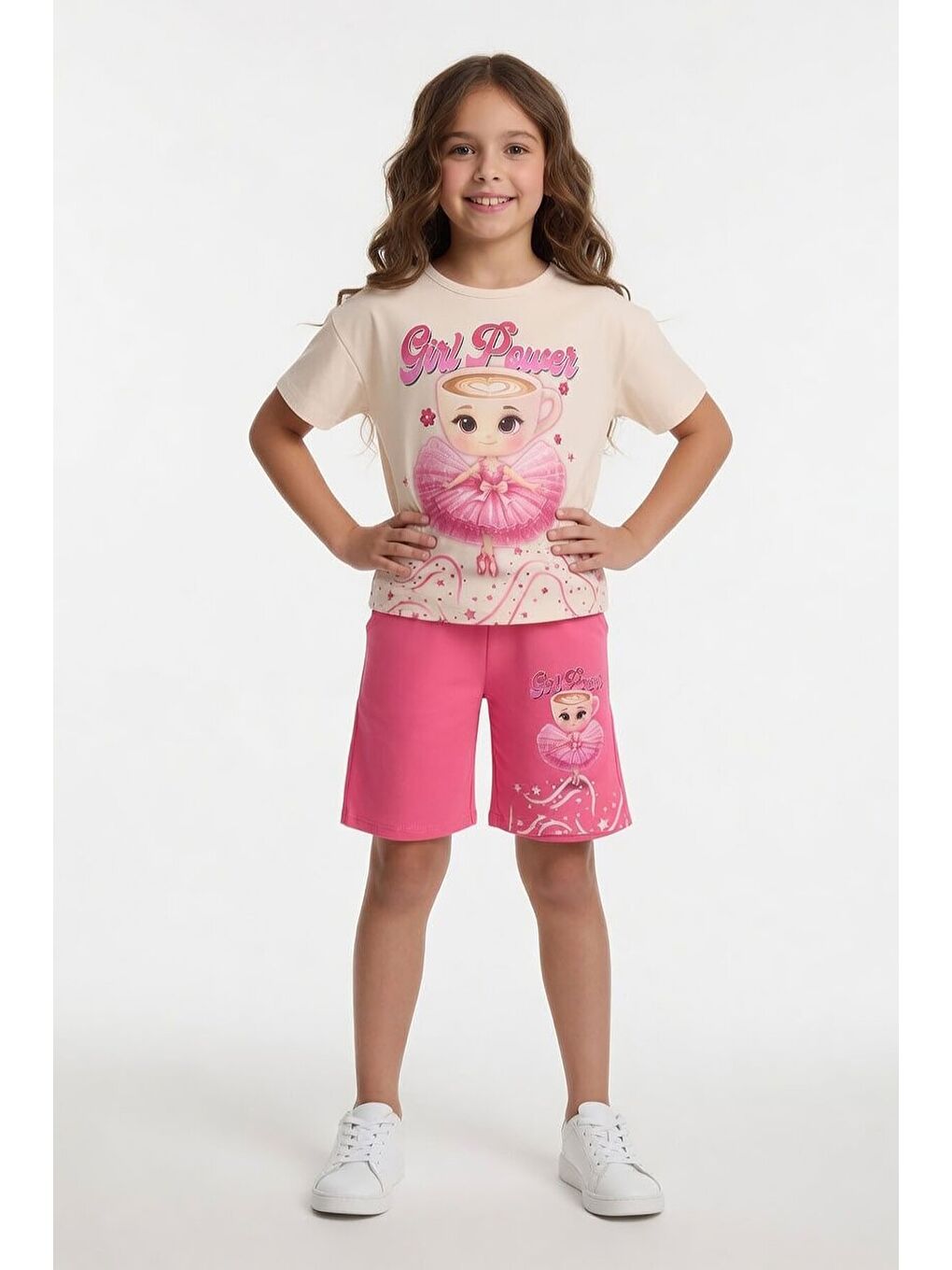 Pembe Balerin Desenli Tişörtlü Kız Çocuk Şortlu 2li Takım 23878-1