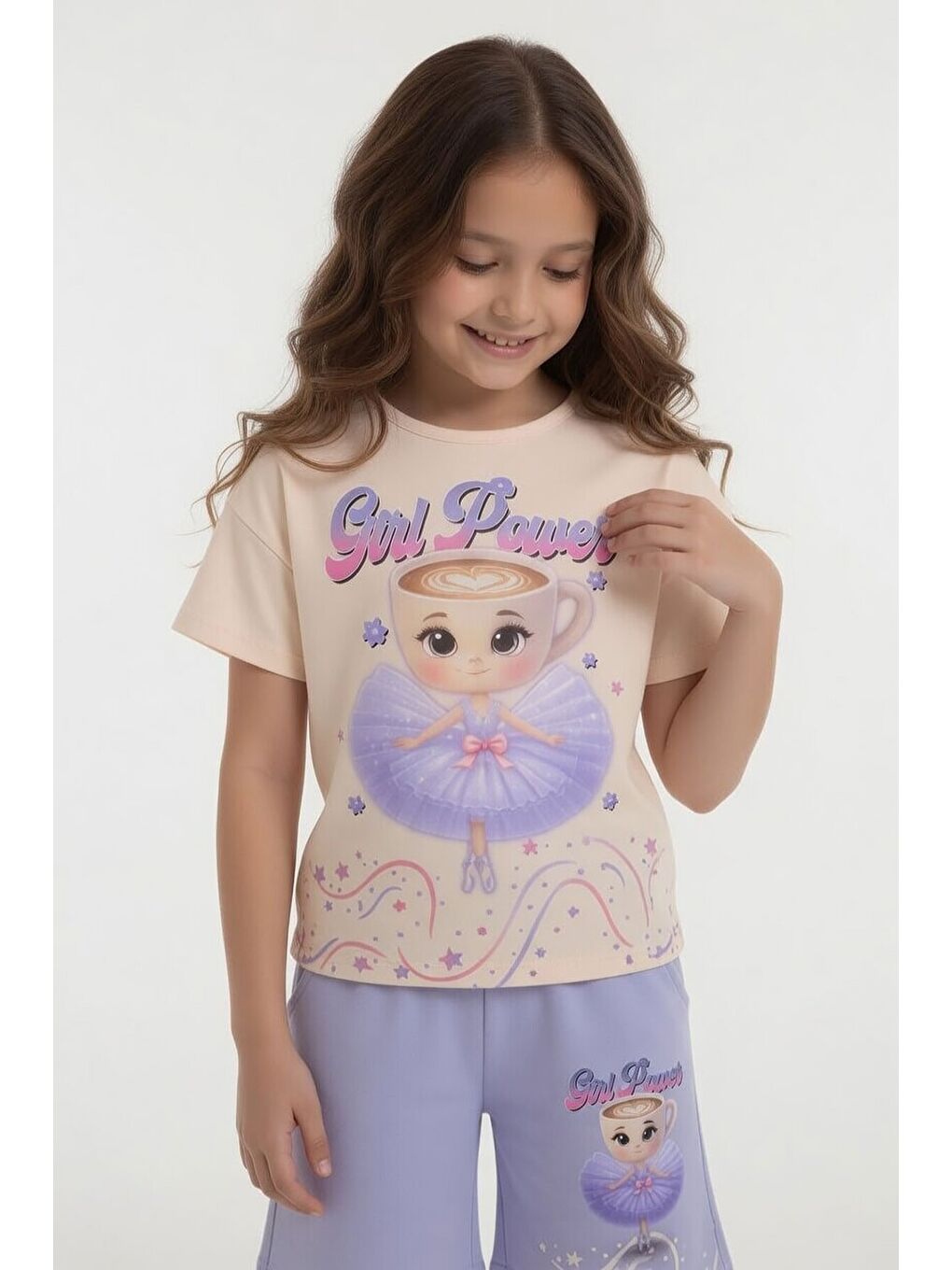 Lila Balerin Desenli Tişörtlü Kız Çocuk Şortlu 2li Takım 23879-2