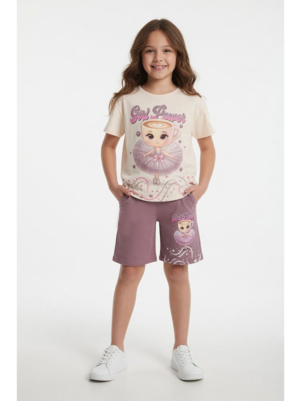 Pembe Gül Kurusu Balerin Desenli Tişörtlü Kız Çocuk Şortlu 2li Takım 23880