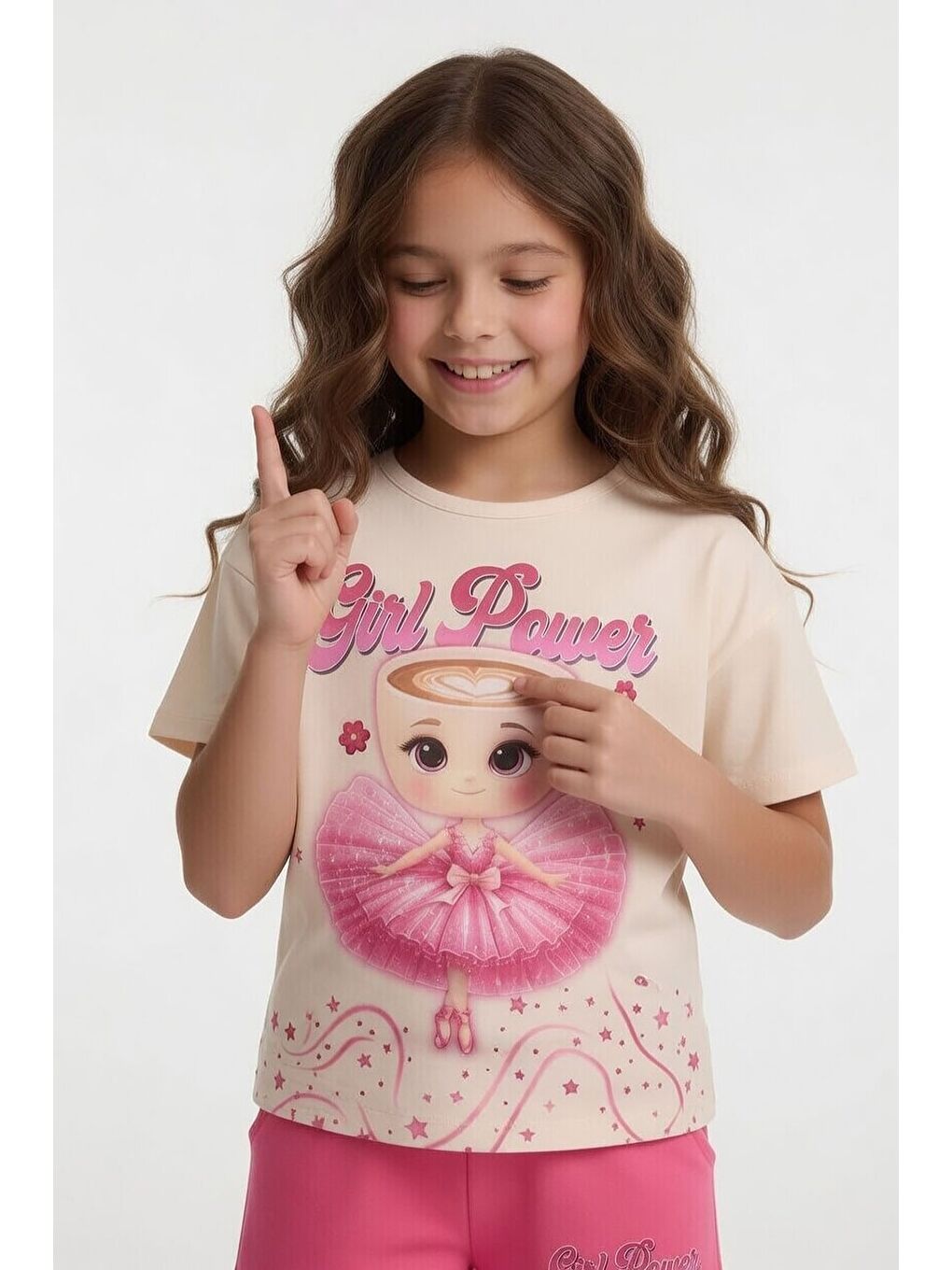 Pembe Balerin Desenli Tişörtlü Kız Çocuk Şortlu 2li Takım 23878-2