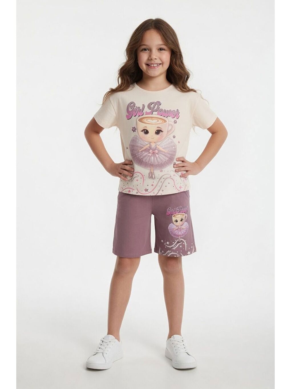 Pembe Gül Kurusu Balerin Desenli Tişörtlü Kız Çocuk Şortlu 2li Takım 23880-1