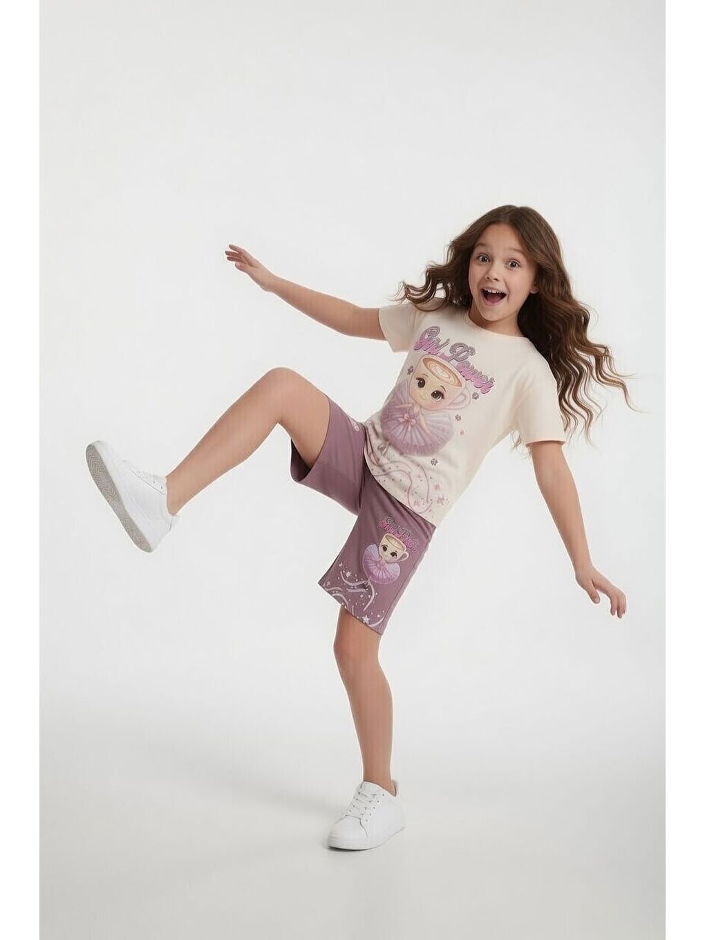 Pembe Gül Kurusu Balerin Desenli Tişörtlü Kız Çocuk Şortlu 2li Takım 23880-2