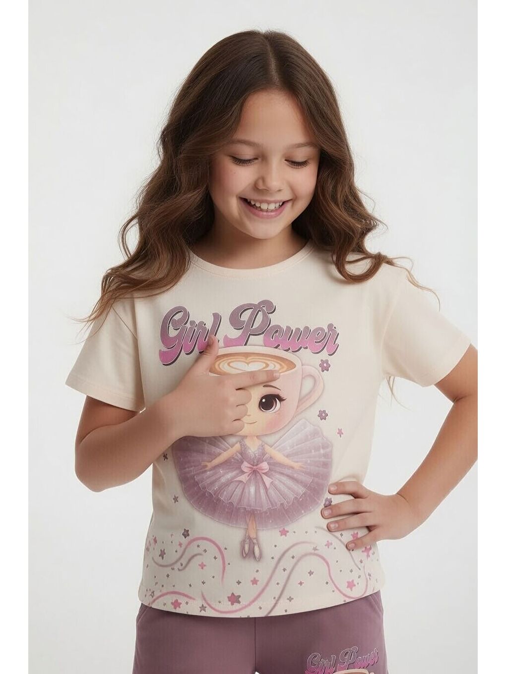 Pembe Gül Kurusu Balerin Desenli Tişörtlü Kız Çocuk Şortlu 2li Takım 23880-3