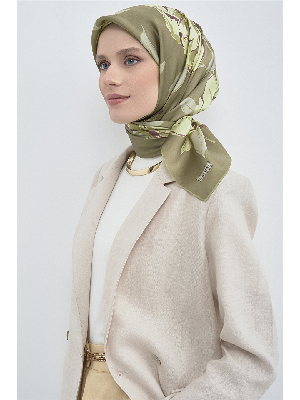 Haki Saf İpek Twill Eşarp 9509D 52-2