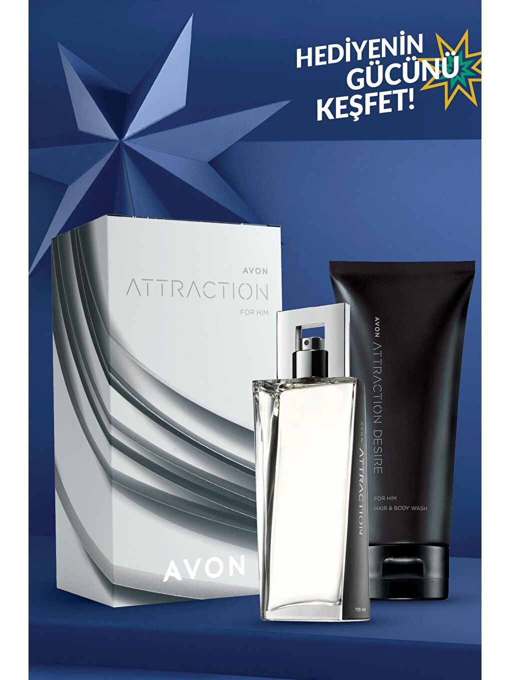 AVON Attraction Erkek Parfüm ve Attraction Desire Saç ve Vücut Şampuanı Hediye Seti