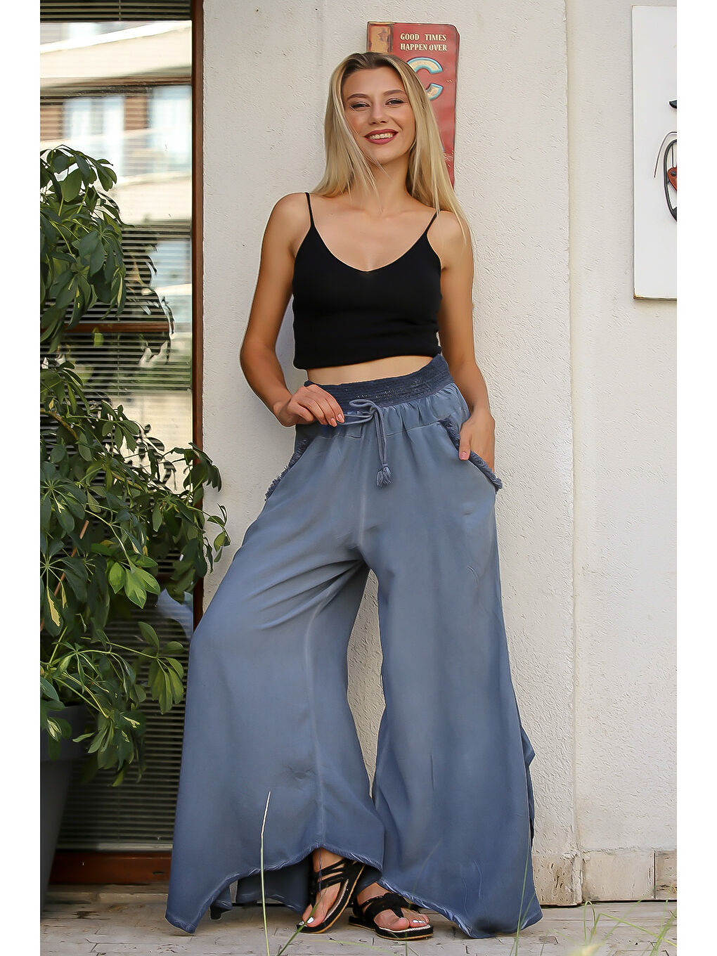 Açık Mavi Düz Renk Çift Cepli Yıkamalı Dokuma Pantolon