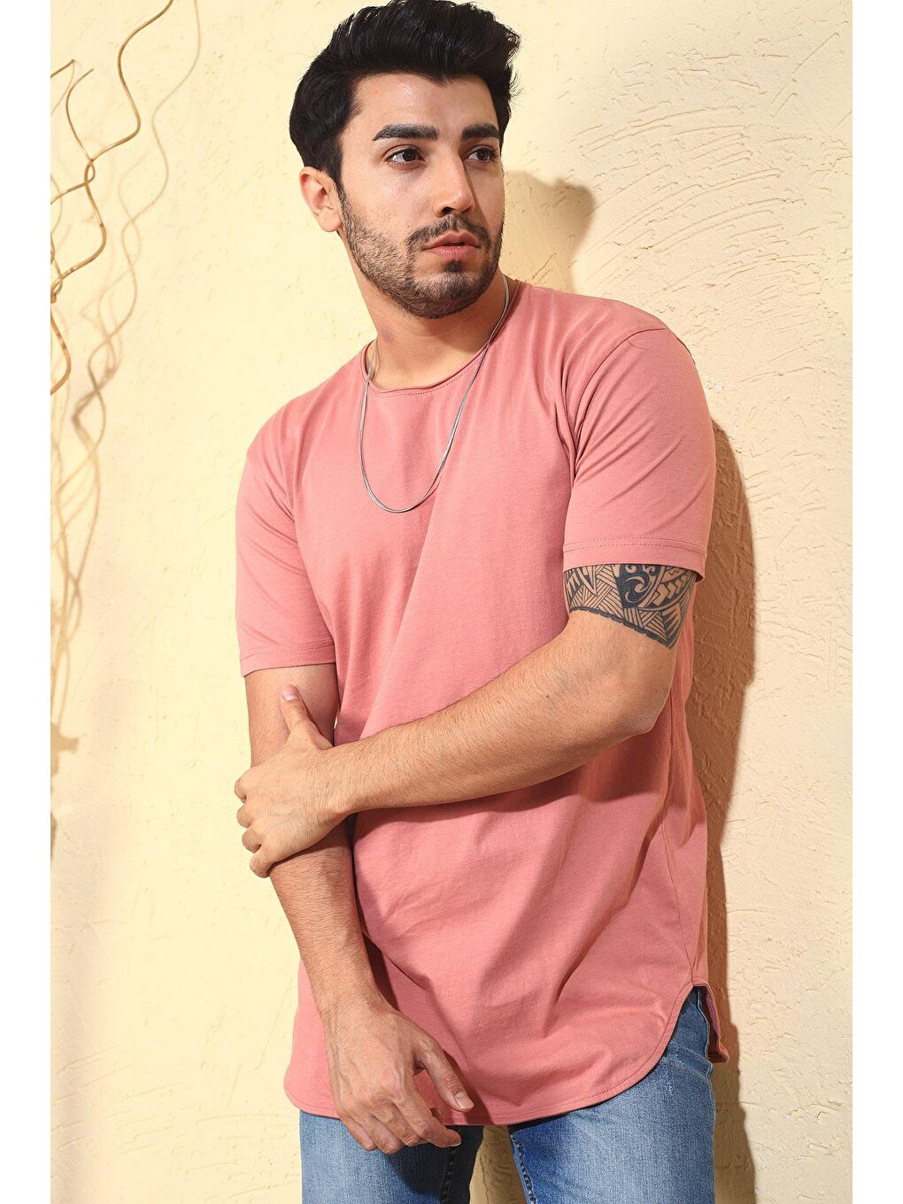 Oksit Pudra Uzun Oval Slim Fit Basic Erkek Tshirt