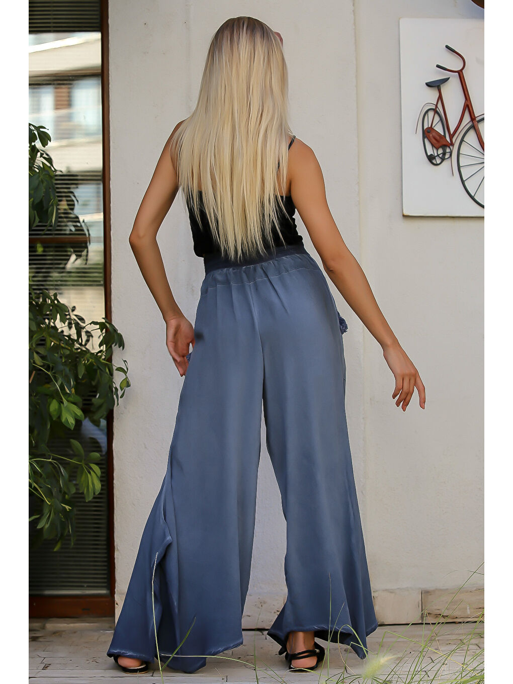 Açık Mavi Düz Renk Çift Cepli Yıkamalı Dokuma Pantolon-1