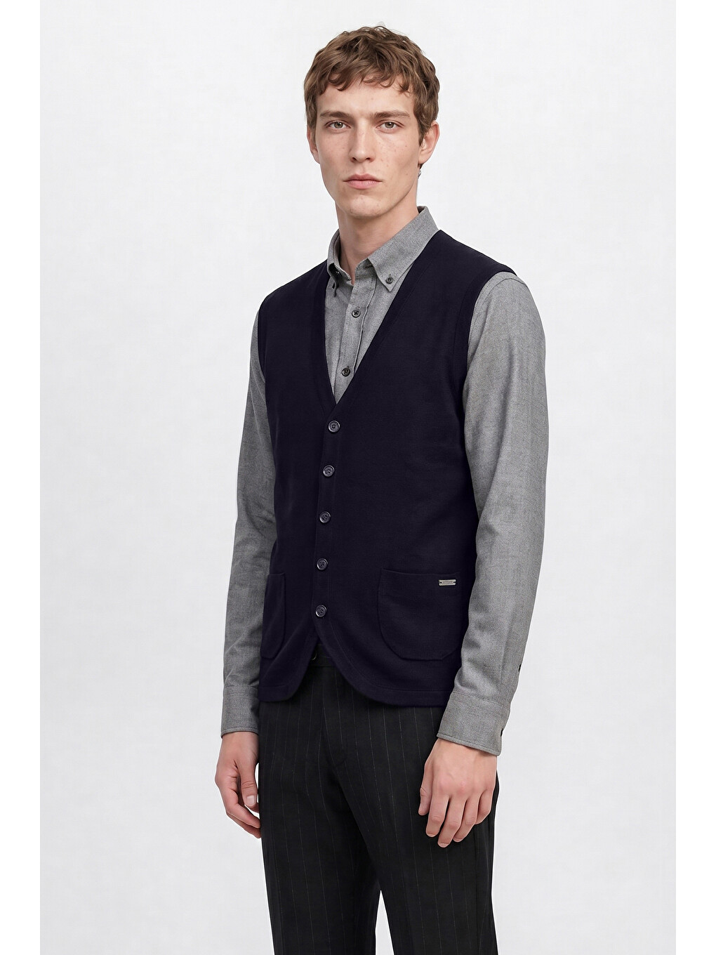 Erkek Lacivert Pamuklu Standart Fit Normal Kesim V Yaka Torba Cepli Triko Yelek-2