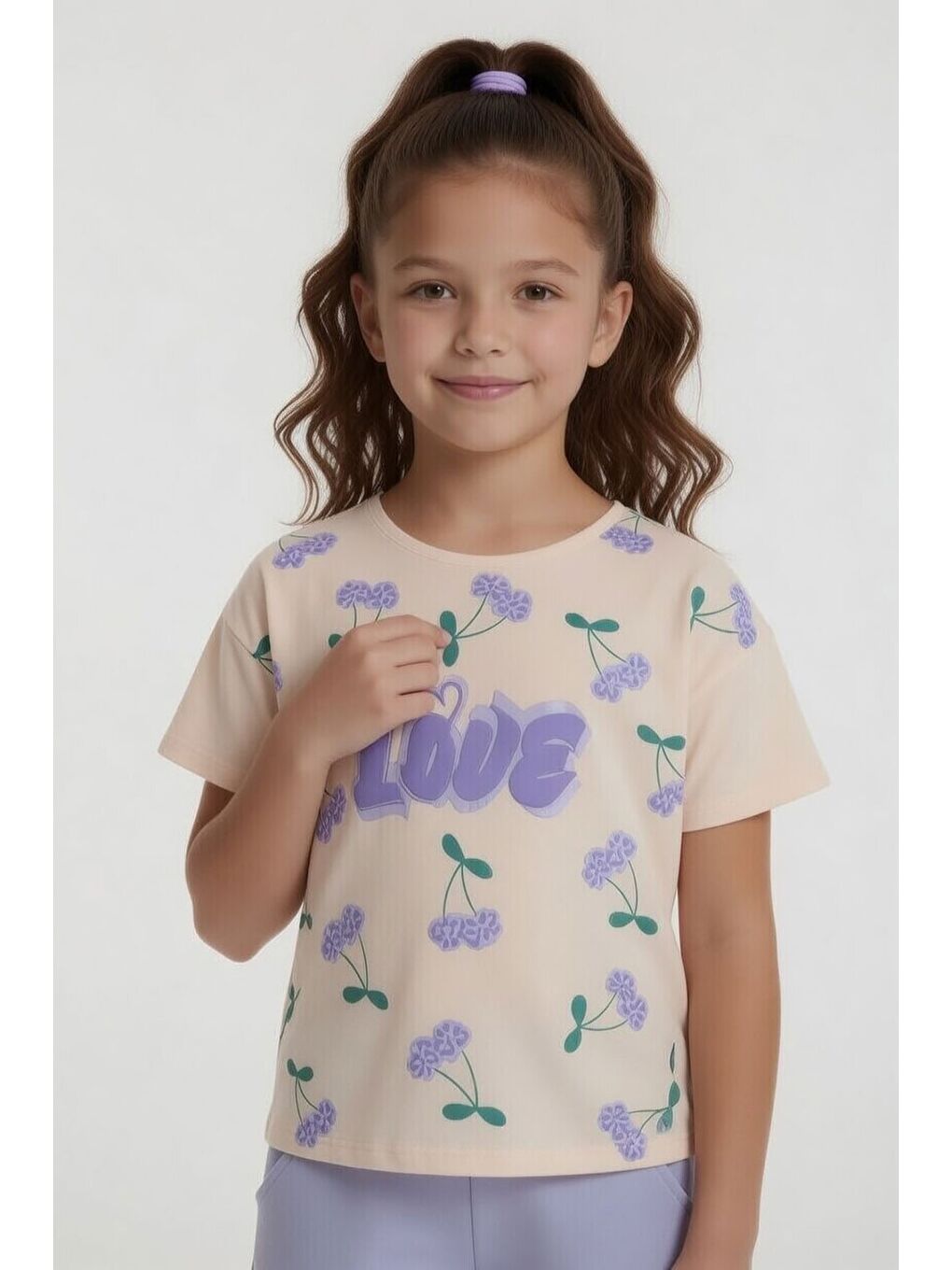 Lila Kiraz Desenli Love Yazılı Tişörtlü Kız Çocuk Şortlu Takım 23898-1