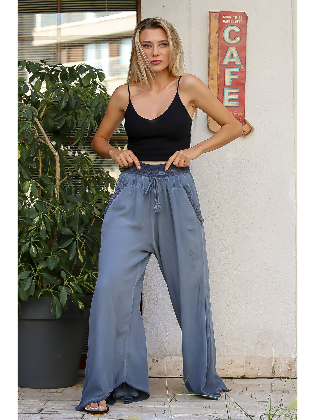 Açık Mavi Düz Renk Çift Cepli Yıkamalı Dokuma Pantolon-3