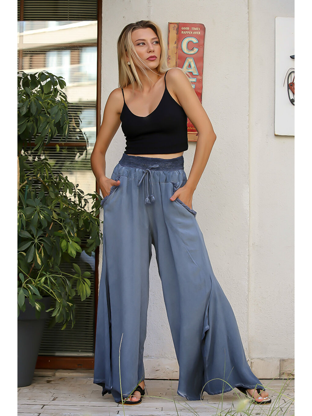 Açık Mavi Düz Renk Çift Cepli Yıkamalı Dokuma Pantolon-4