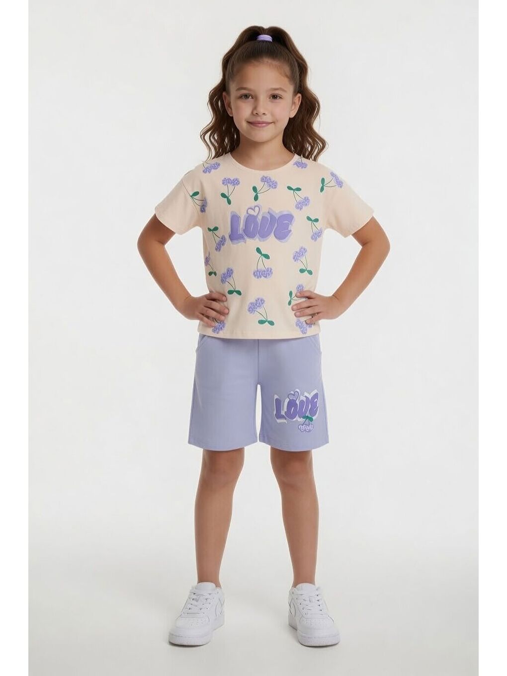 Lila Kiraz Desenli Love Yazılı Tişörtlü Kız Çocuk Şortlu Takım 23898-2