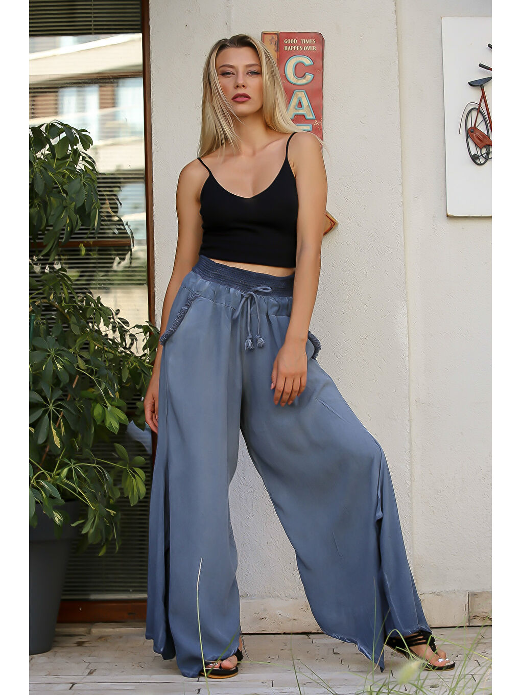 Açık Mavi Düz Renk Çift Cepli Yıkamalı Dokuma Pantolon-5