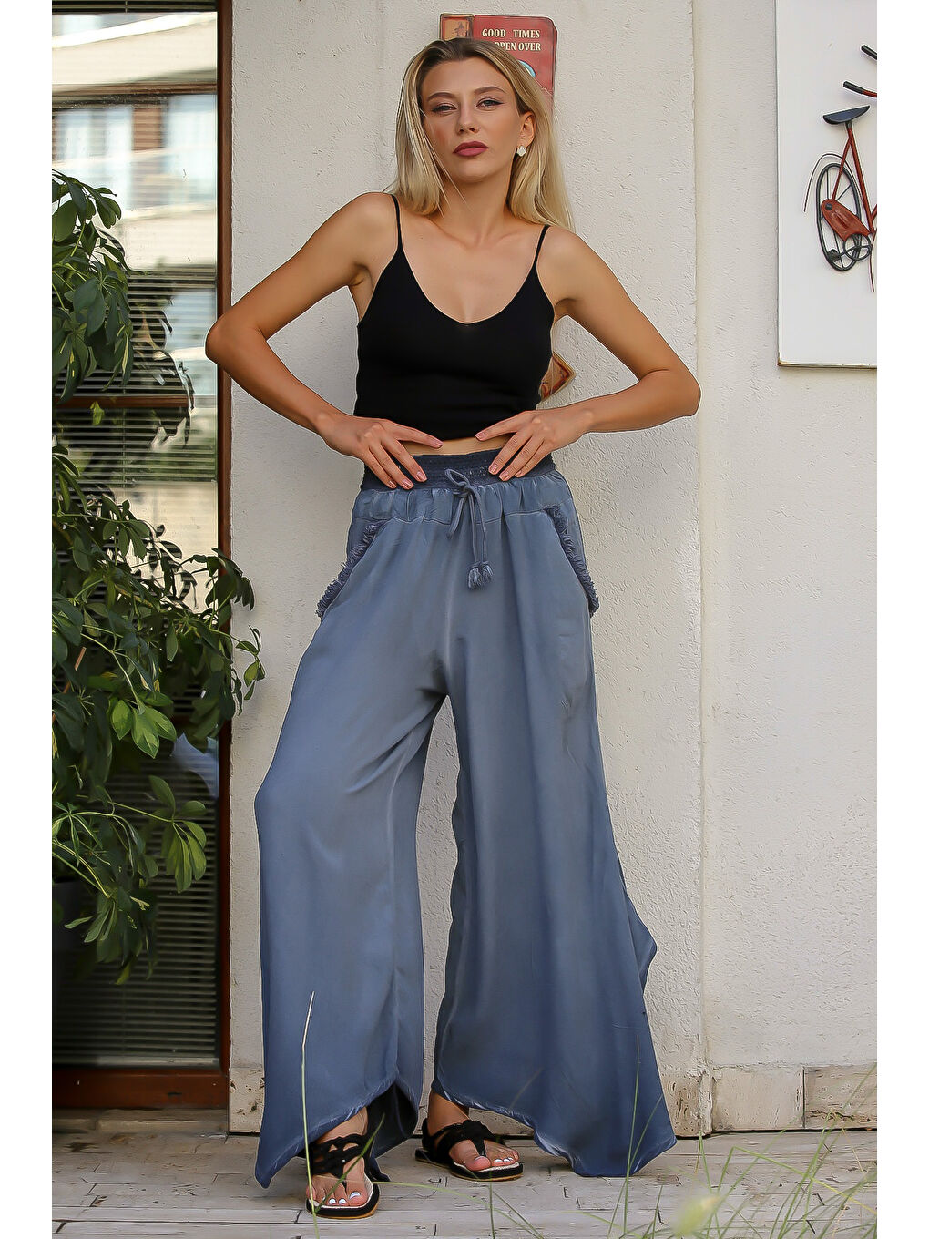 Açık Mavi Düz Renk Çift Cepli Yıkamalı Dokuma Pantolon-6