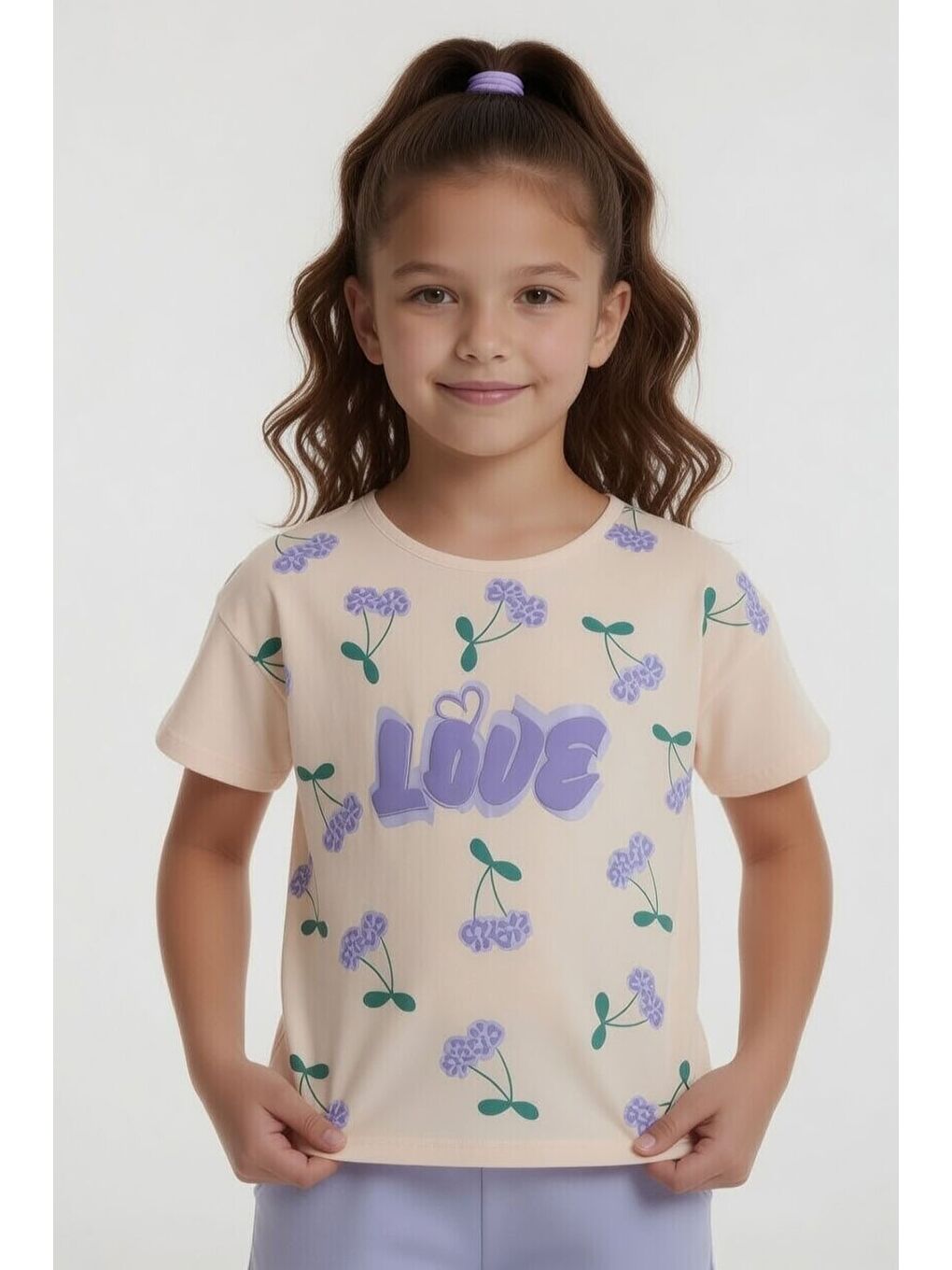 Lila Kiraz Desenli Love Yazılı Tişörtlü Kız Çocuk Şortlu Takım 23898-3