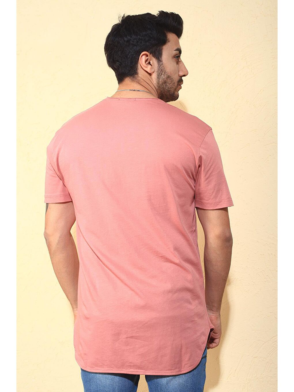 Oksit Pudra Uzun Oval Slim Fit Basic Erkek Tshirt - 1