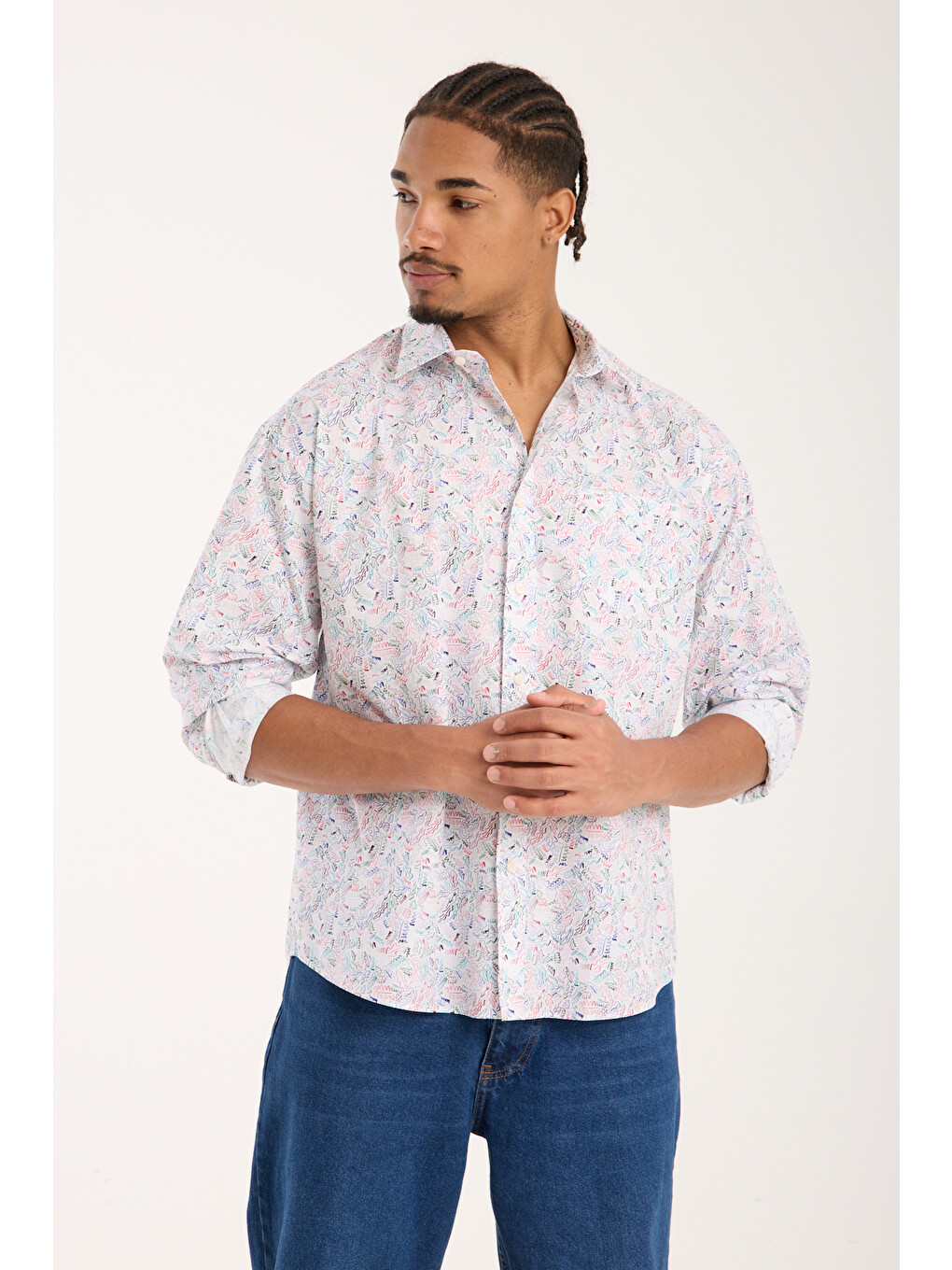 Rio Poplin Pamuklu Oversize Fit Beyaz Klasik Yaka Erkek Baskılı Gömlek-2