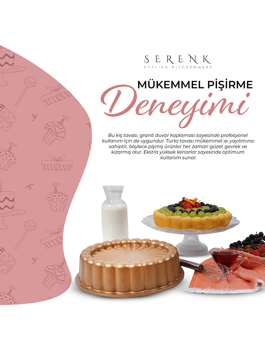 Serenk Kahverengi Fun Cooking Papatya Alüminyum Döküm Granit Kaplama Tart Kalıbı 28 cm Sarı - 4