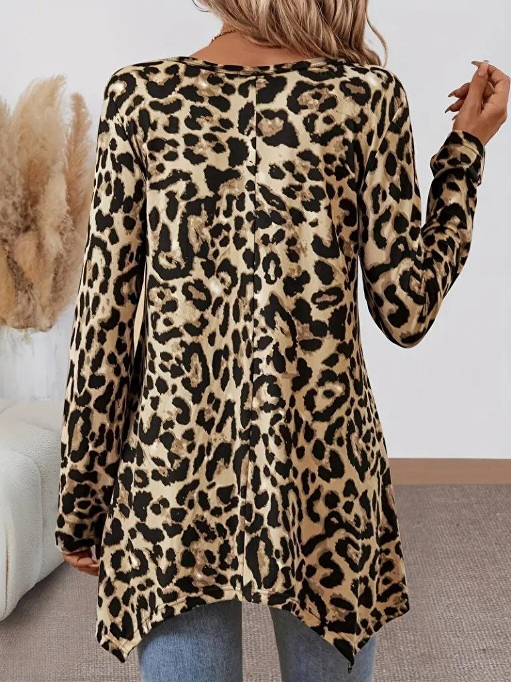 Kahverengi Kadın Uzun Kollu Bisiklet Yaka Leopar Desenli Süprem Bluz-3