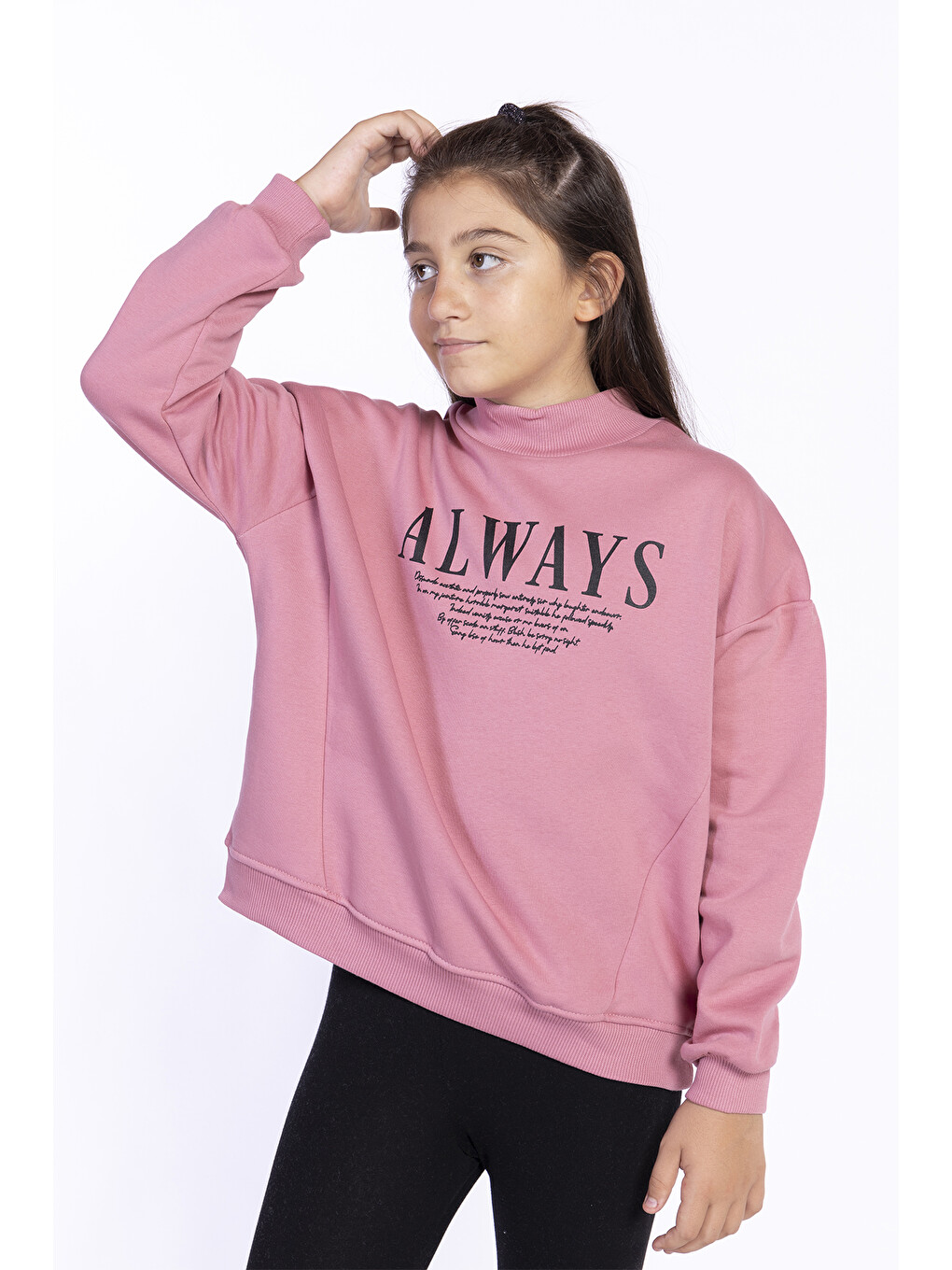 Pembe Kız Çocuk Baskılı Balıkçı Yaka Sweatshirt