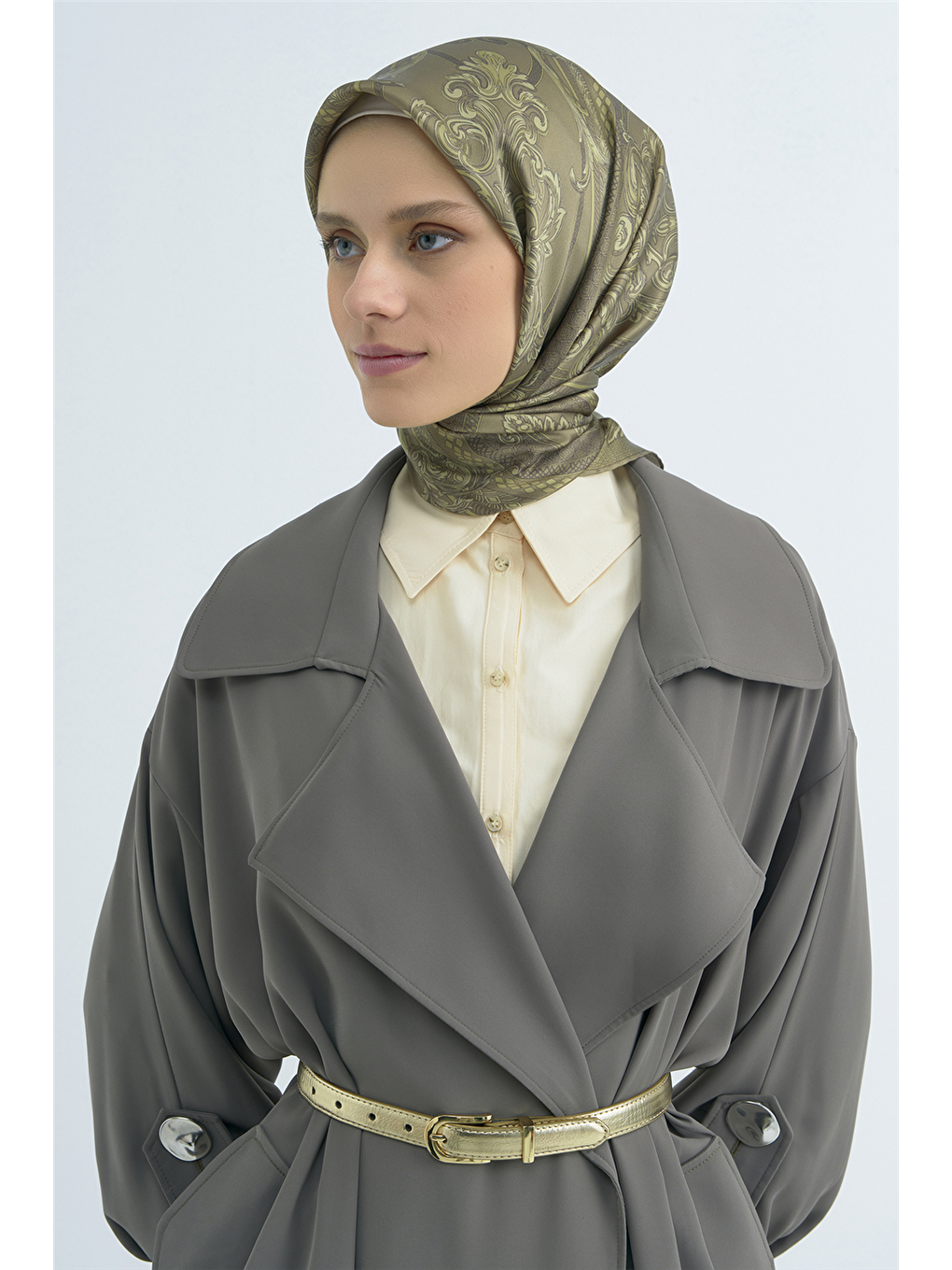 Haki Saf İpek Twill Eşarp 9537D 52-1