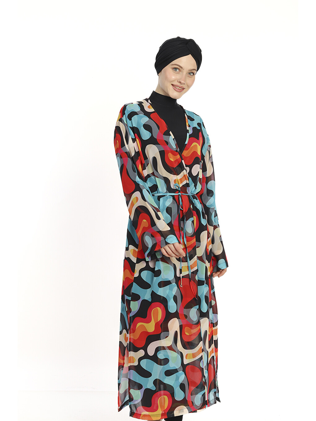 Tesettür Mayo Üzerine Tek Kaftan Pareo 6303 Siyah-1