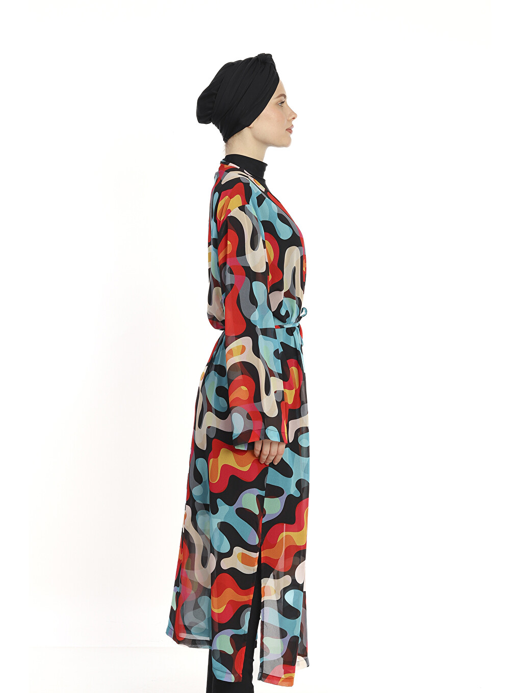 Tesettür Mayo Üzerine Tek Kaftan Pareo 6303 Siyah-2