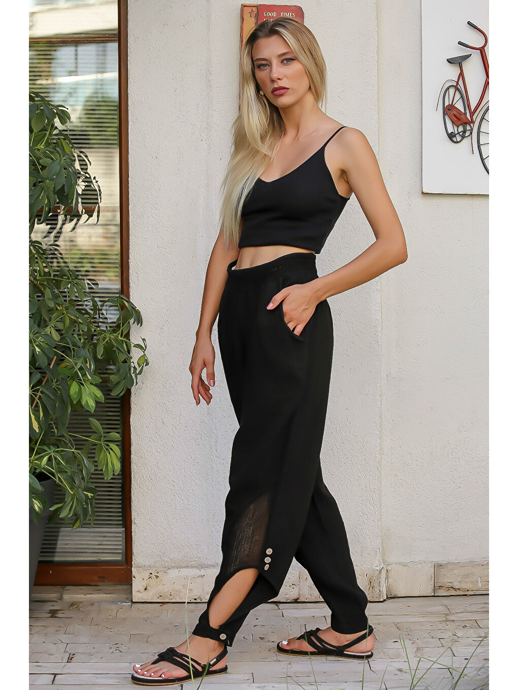 Siyah Düz Renk Çift Cepli Yıkamalı Dokuma Şalvar Pantolon