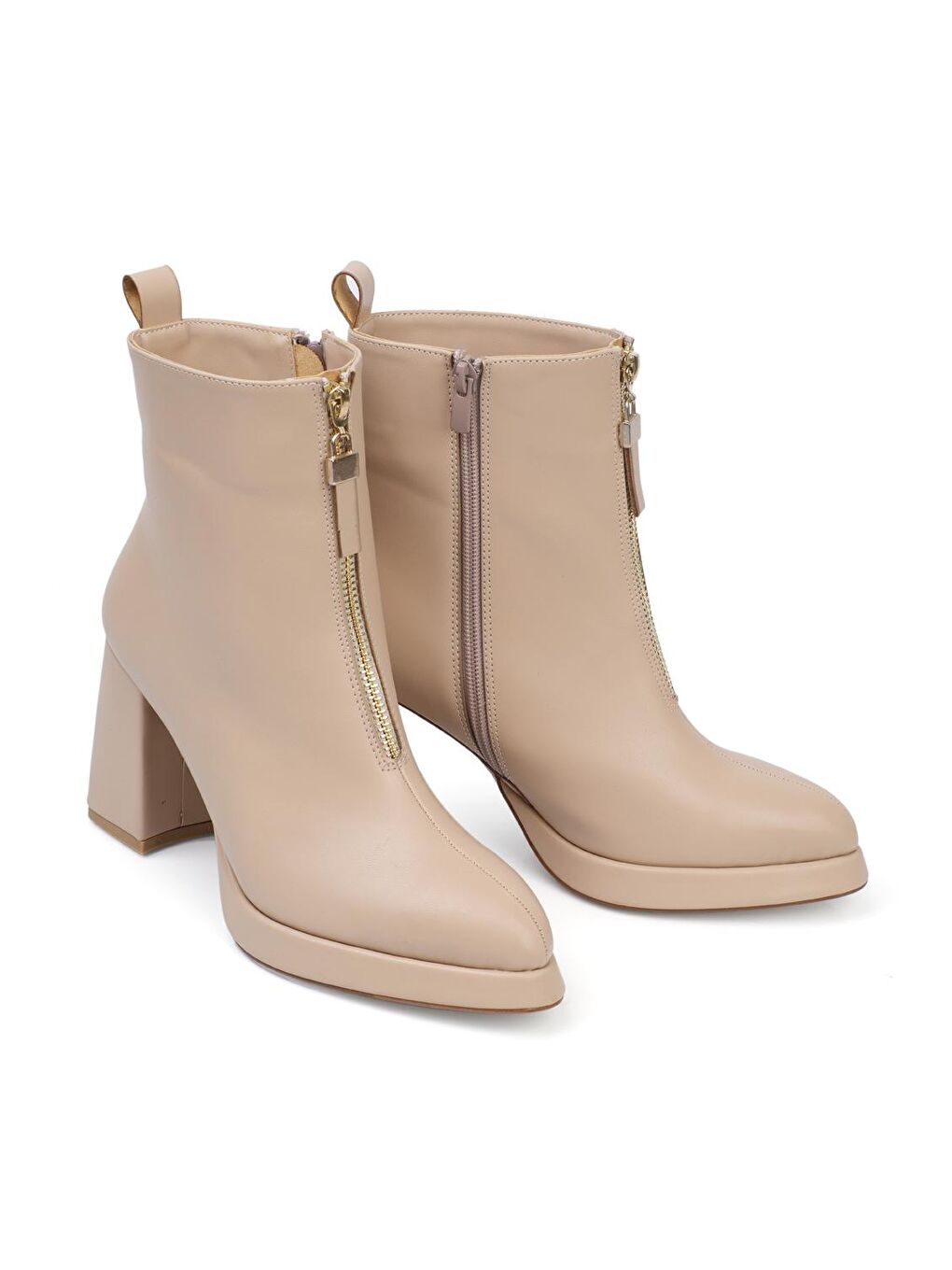 Bej Yuvarlak Burunlu Önden Fermuarlı Kadın Platform Bot-1