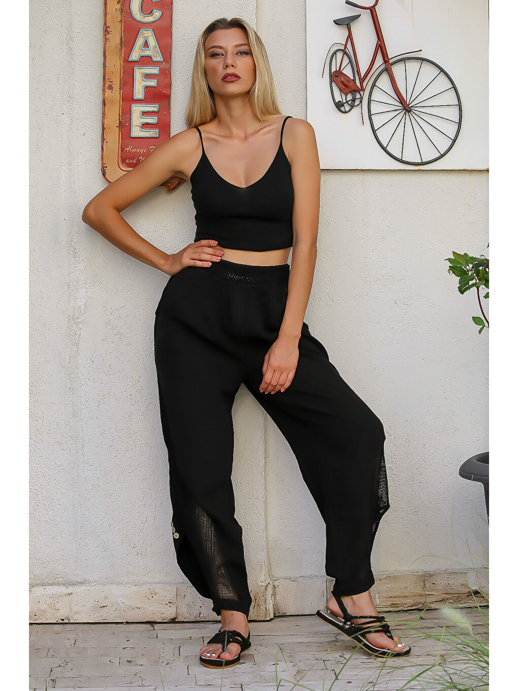 Siyah Düz Renk Çift Cepli Yıkamalı Dokuma Şalvar Pantolon-6