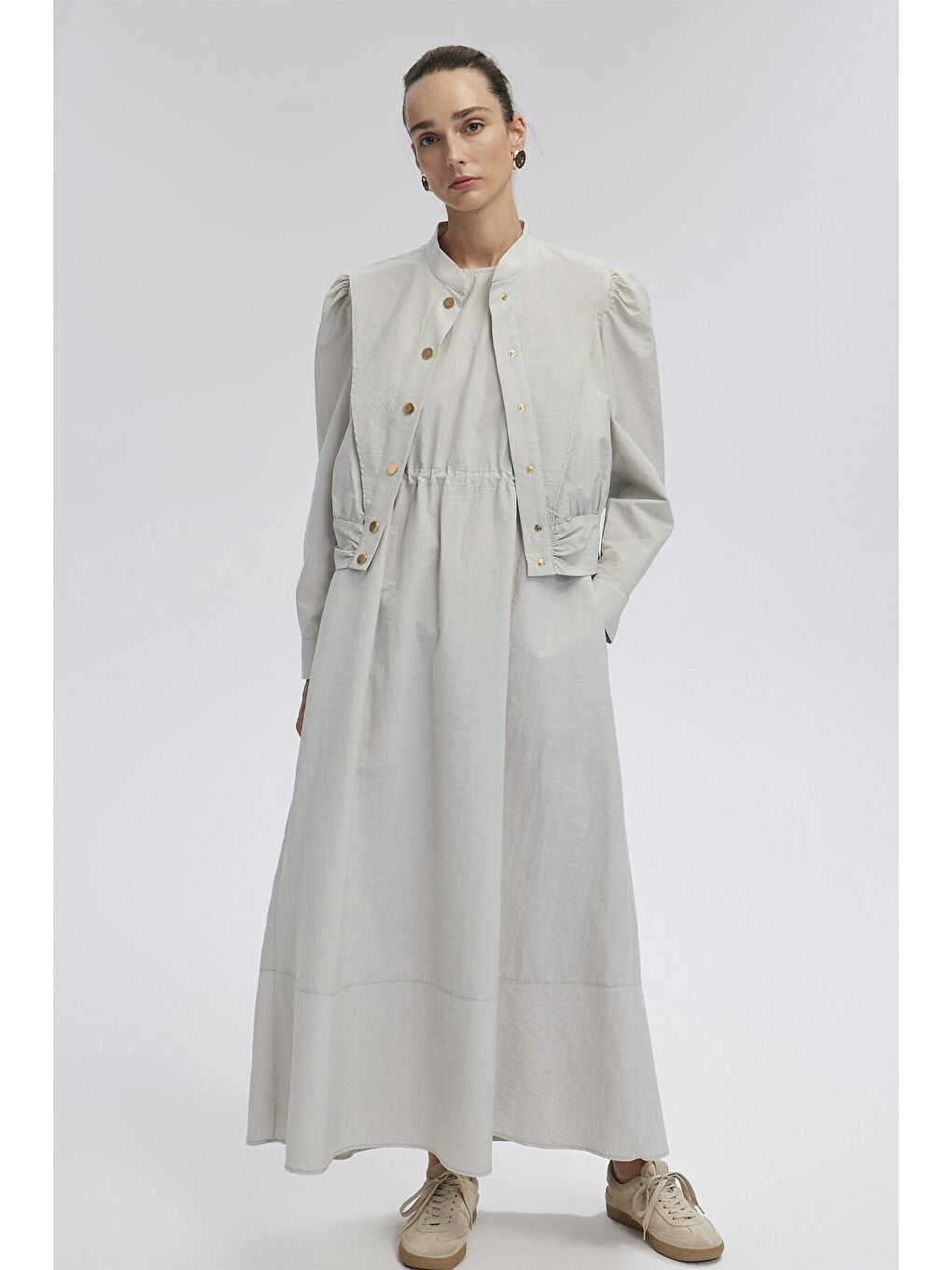 Gri Çıt Çıt Detaylı Ceketli Elbise