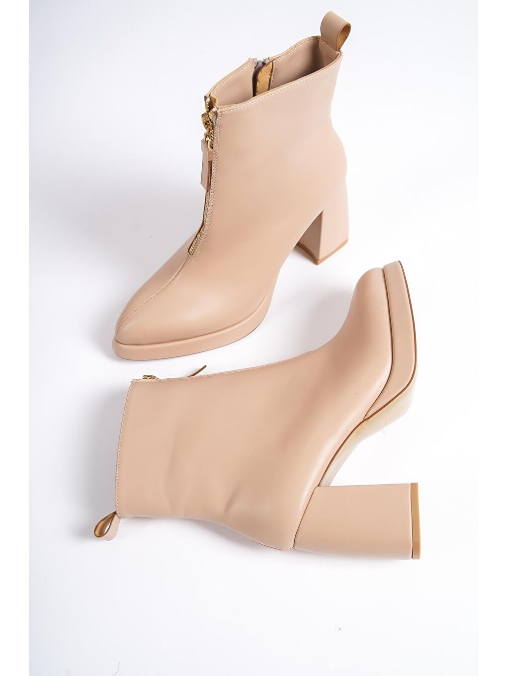 Bej Yuvarlak Burunlu Önden Fermuarlı Kadın Platform Bot-4