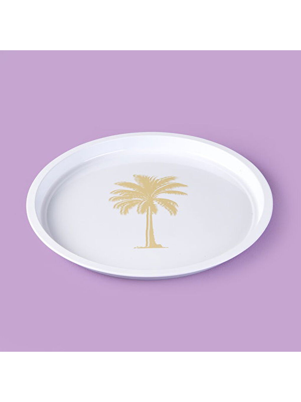 Palm Desenli Yuvarlak Tepsi - Krem / Kahverengi - 24x24 cm