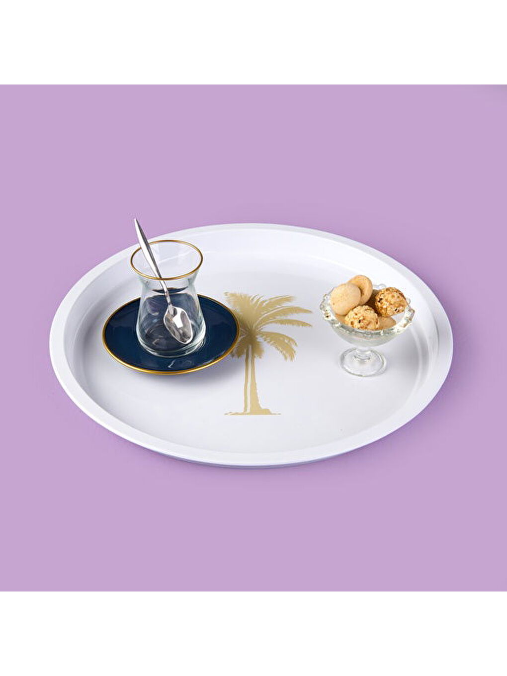 Palm Desenli Yuvarlak Tepsi - Krem / Kahverengi - 24x24 cm-1