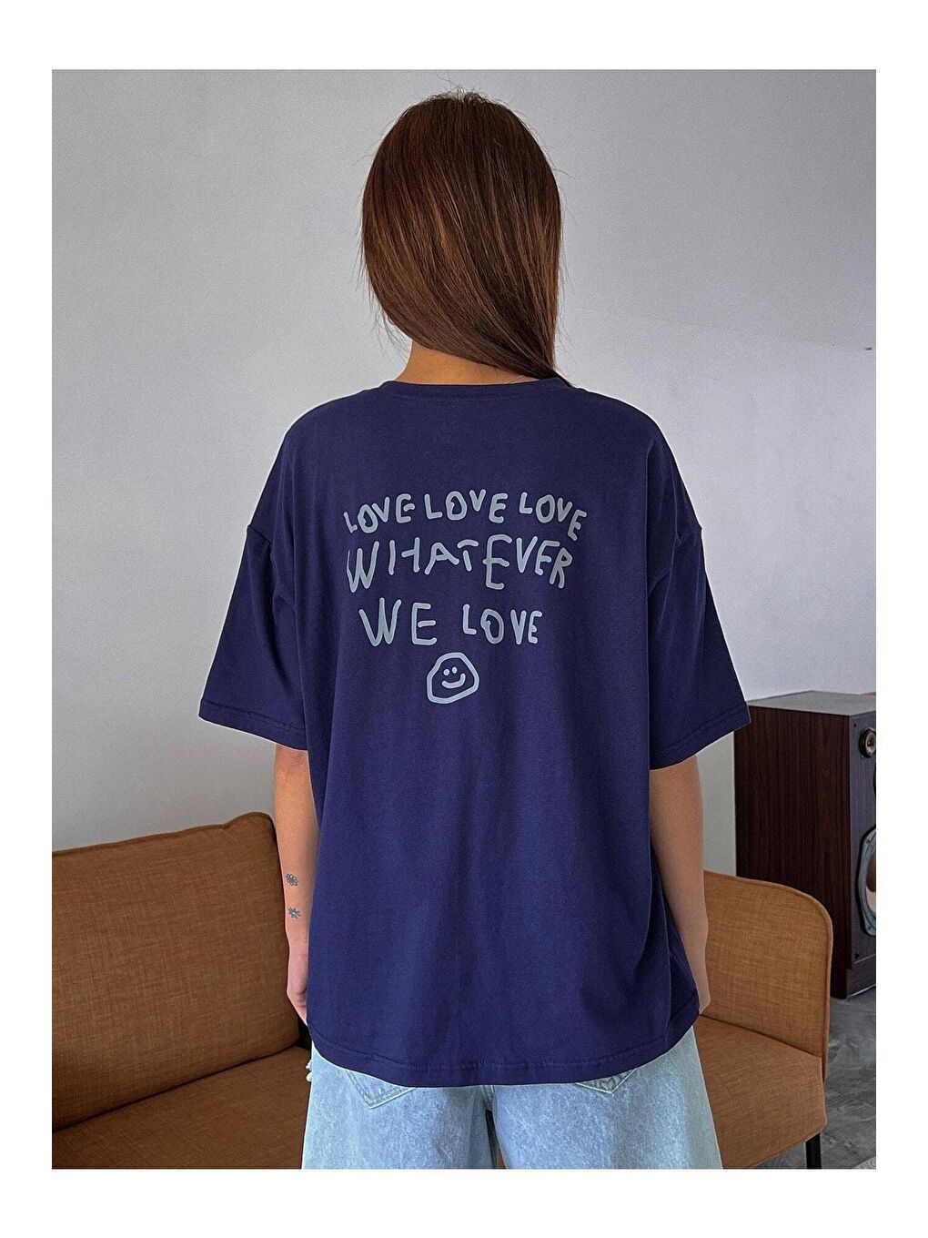 Trendseninle Lacivert Kadın Lacivert Love Love Love Baskılı Oversize Tişört - 1