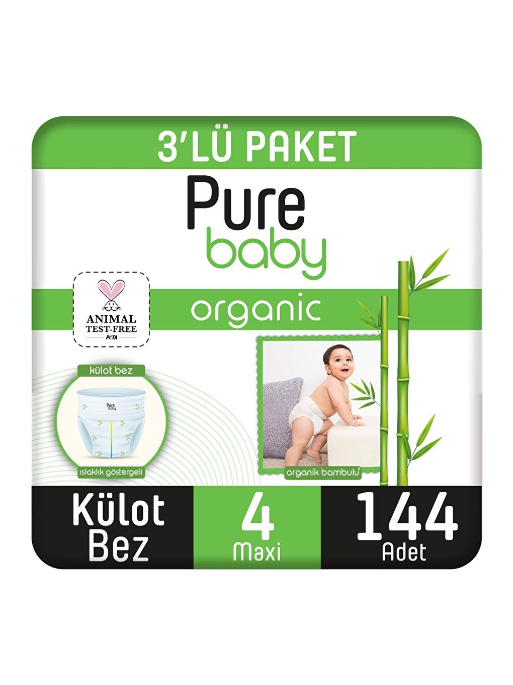 Pure Baby Renksiz Organik Bambu Özlü Külot Bez 3'lü Paket 4 Numara Maxi 144 Adet