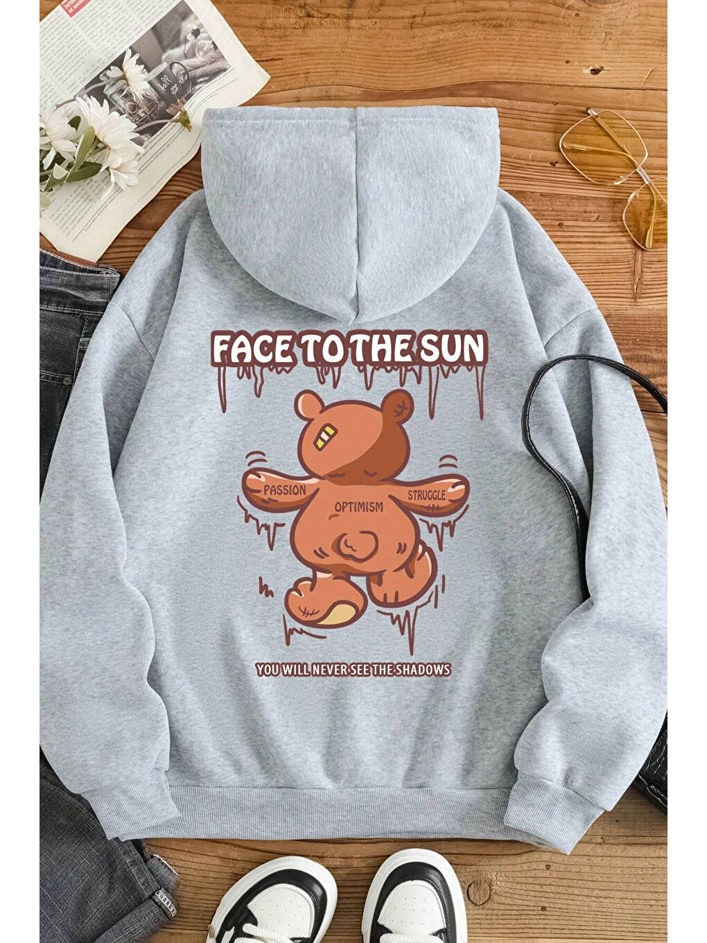 uyguntarz Gri Unisex Face To The Sun Baskılı Sweatshirt - 1